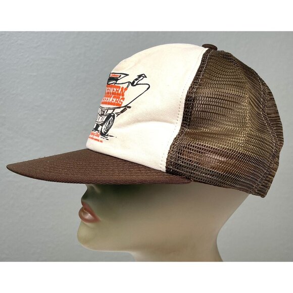 VTG Brown WESTERN WHEELERS CAMPING CLUB Covered Wagon Mesh TRUCKER CAP & PIN USA - Picture 3 of 7